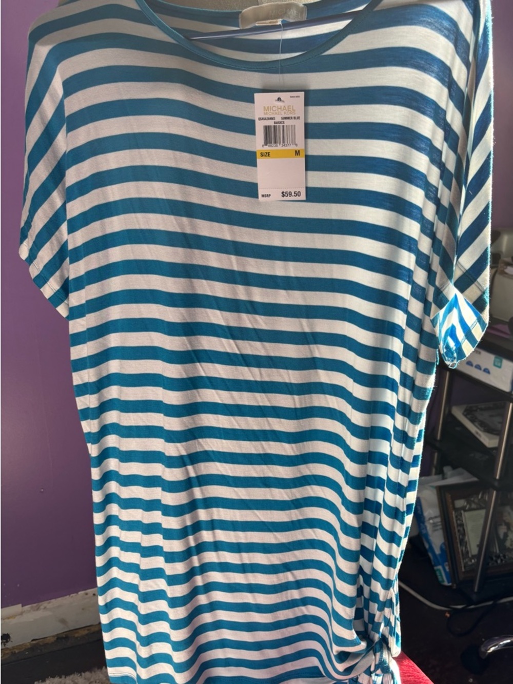 Michael Kors Teal and White Striped Short Sleeve Tee